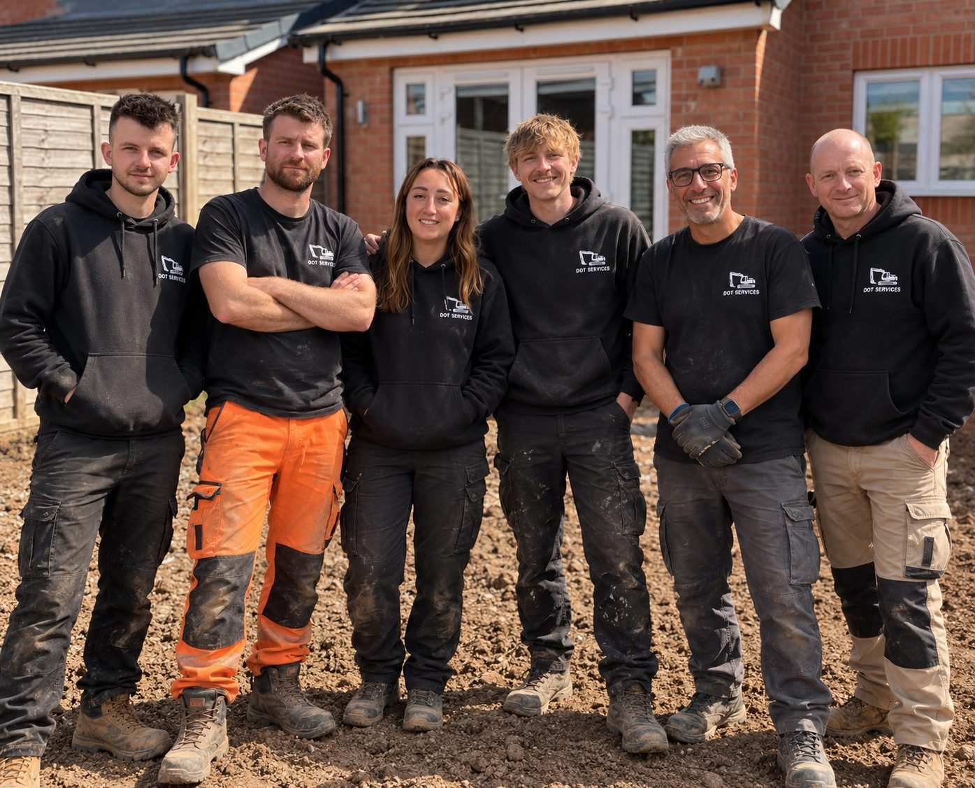 The DOT Services team of six standing together on a residential building site, wearing black DOT Services branded hoodies and t-shirts