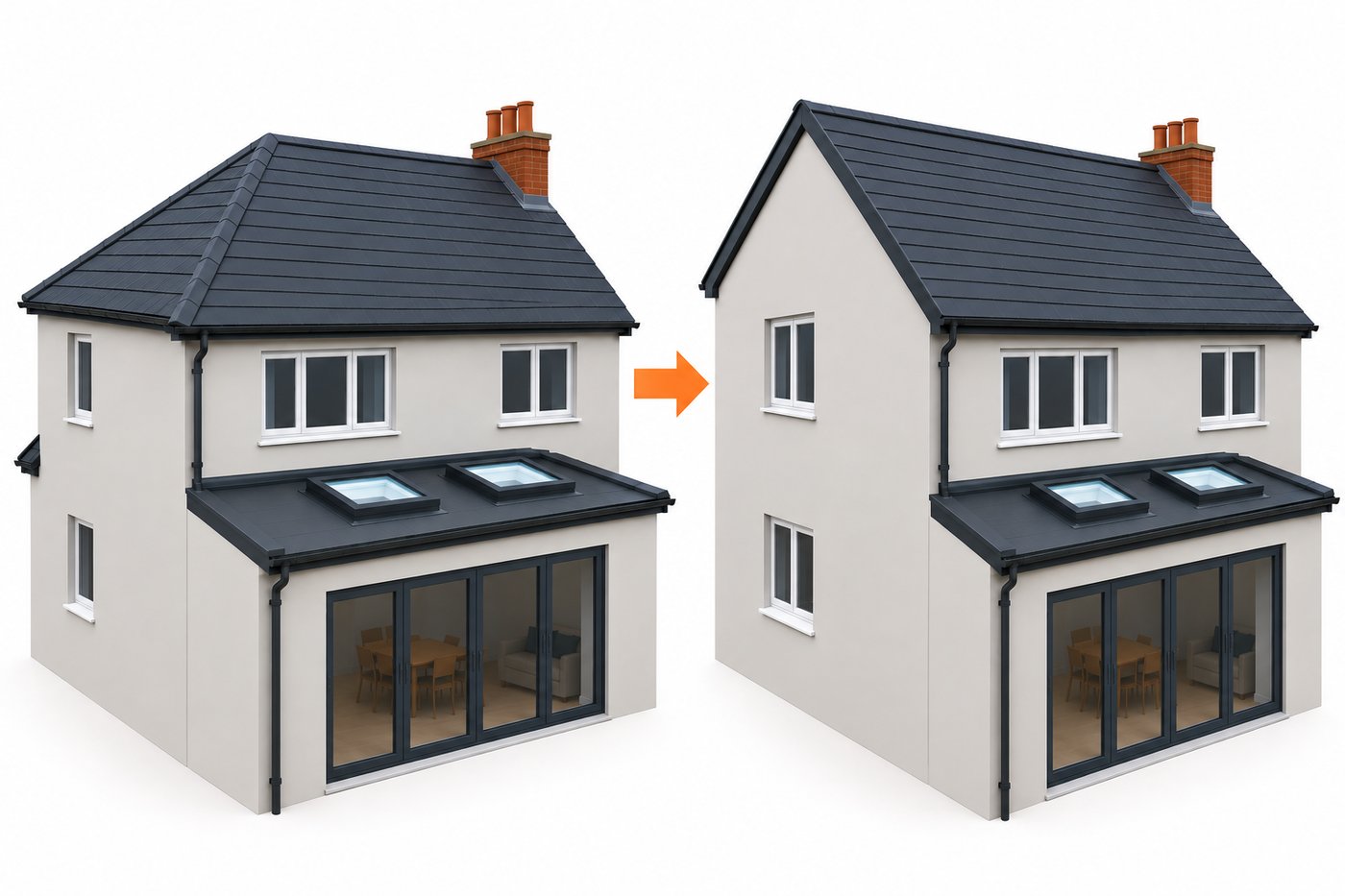 Before and after illustration of a semi-detached house: the sloping hipped roof end is rebuilt as a vertical gable wall.