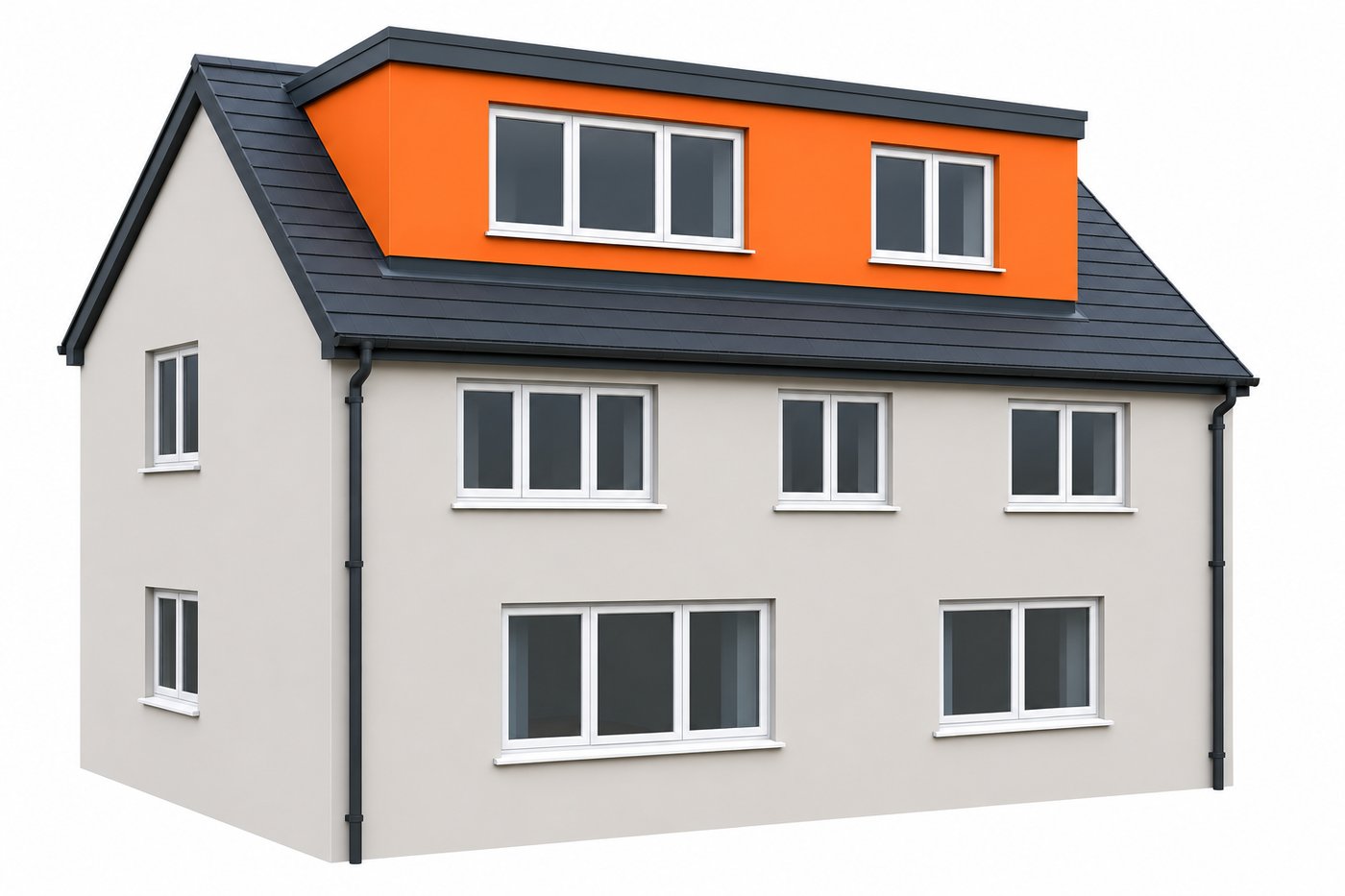 Illustration of a rear dormer loft conversion: a flat-roofed box dormer with two windows built out from the rear roof slope, giving full head height across the loft.